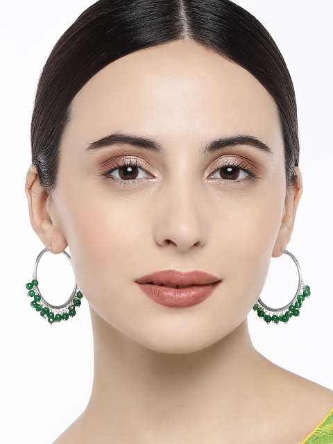 

Peora Silver-Plated & Green Circular Handpainted Drop Earrings