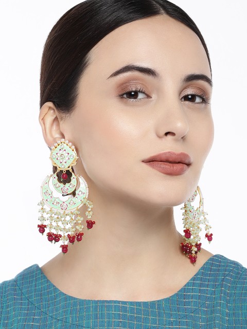 

Peora Gold-Plated & Sea Green Enamelled Meenakari Crescent Shaped Chandbalis