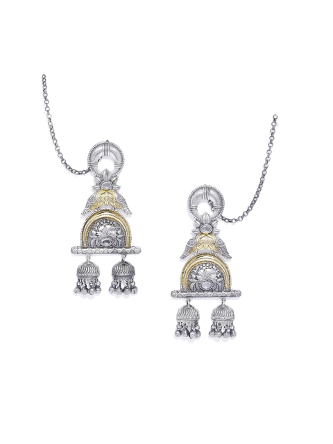 

Peora Silver-Plated & Gold-Toned Classic Oxidised Drop Earrings