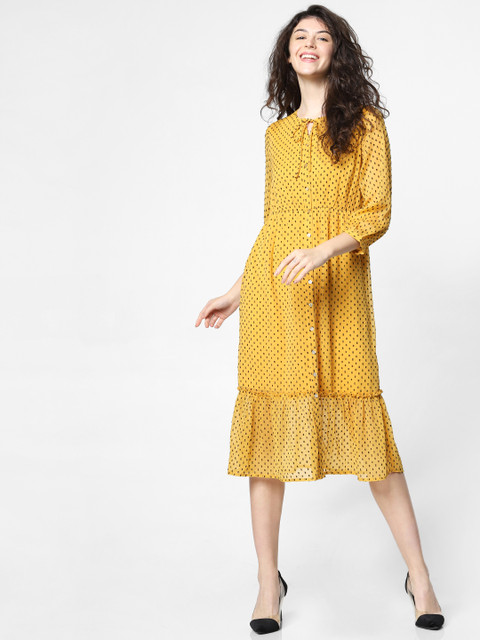 

ONLY Women Yellow Self Design Fit and Flare Dress