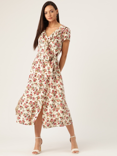 

DOROTHY PERKINS Women Off-White & Red Floral Print Ruffled Wrap Dress
