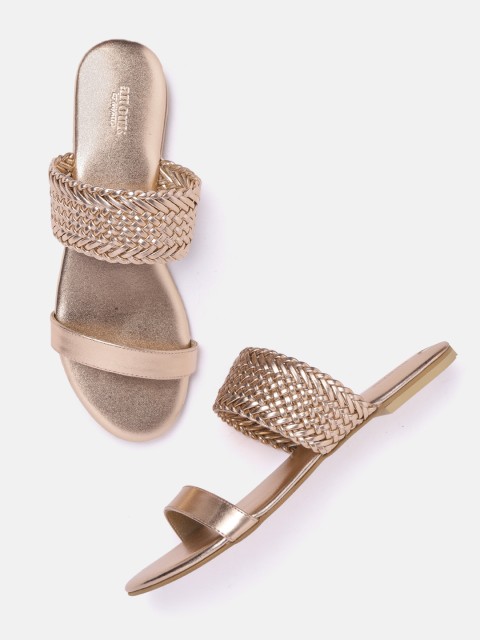 

Anouk Women Rose Gold-Toned Basket Weave Open Toe Flats