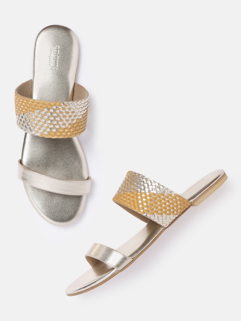 

Anouk Women Gold-Toned & Beige Basket Weave Open Toe Flats