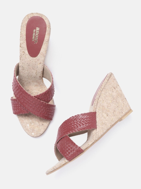 Women Maroon Basketweave Textured Wedges