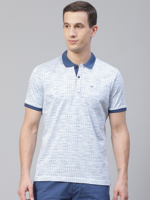 

Blackberrys Men White & Blue Geometric Self Design Polo Collar T-shirt