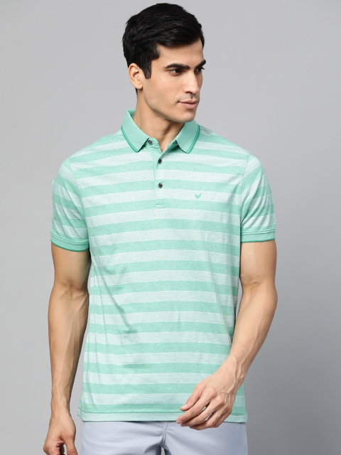

Blackberrys Men Sea Green & Off-White Striped Polo Collar T-shirt