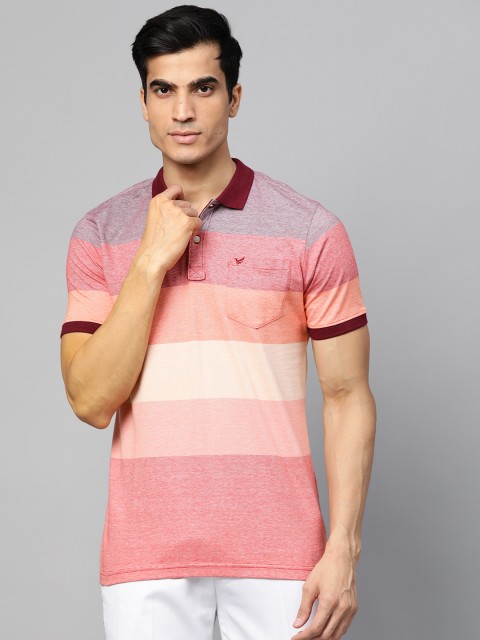 

Blackberrys Men Peach-Coloured Red Striped Polo Collar Pure Cotton T-shirt