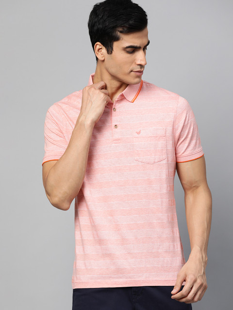 

Blackberrys Men Peach-Coloured Striped Polo Collar Pure Cotton T-shirt
