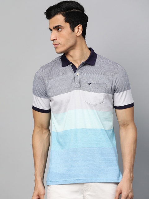 

Blackberrys Men Blue & Grey Striped Polo Collar T-shirt