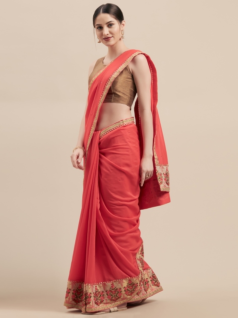 

Mitera Red Embroidered Poly Silk Saree