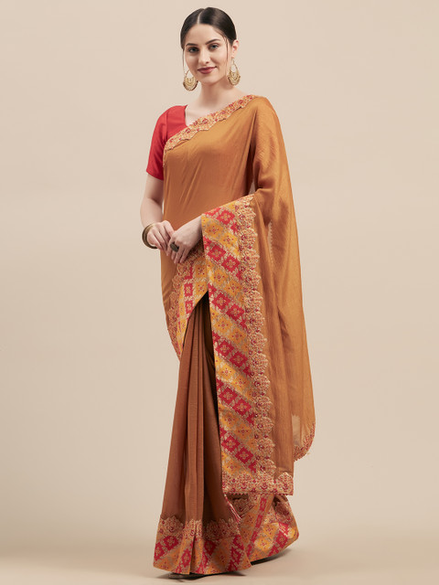 

Mitera Olive Brown Embroidered Poly Silk Saree