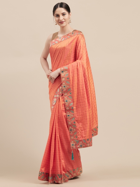 

Mitera Orange Checked Poly Silk Saree