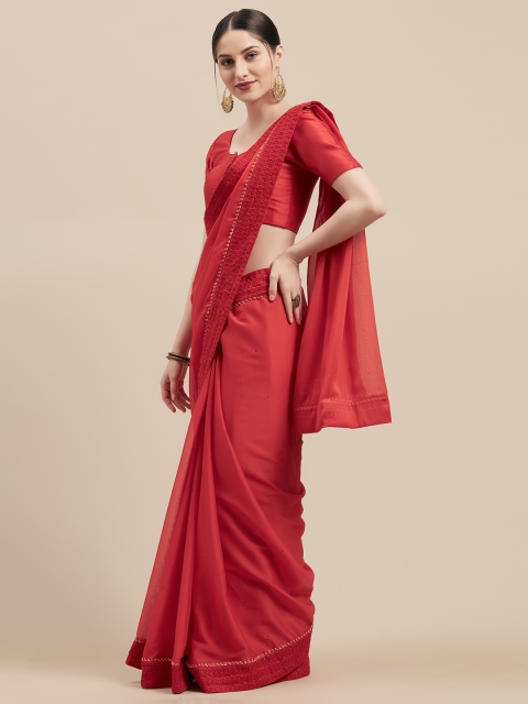 

Mitera Red Solid Poly Georgette Saree