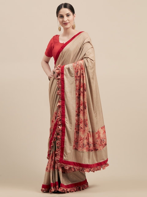 

Mitera Beige & Red Poly Silk Embroidered Saree