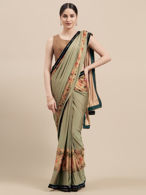 

Mitera Green & Cream-Coloured Poly Silk Printed Saree