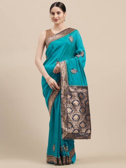 

Mitera Teal Green & Gold-Coloured Poly Silk Woven Design Saree