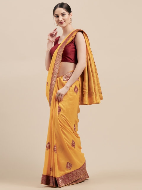 

Mitera Yellow & Red Poly Silk Embroidered Saree