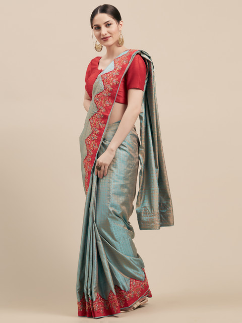 

Mitera Grey & Red Poly Silk Embroidered Saree