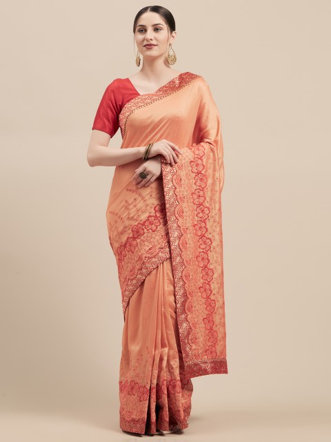 

Mitera Coral Orange Solid Poly Silk Saree