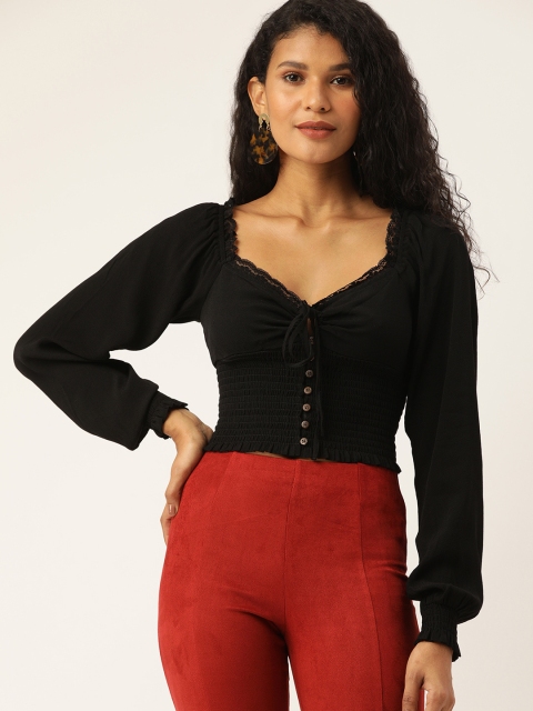 

FOREVER 21 Women Black Self Design Fitted Top