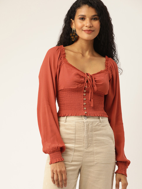 

FOREVER 21 Women Rust Orange Solid Crop Fitted Top