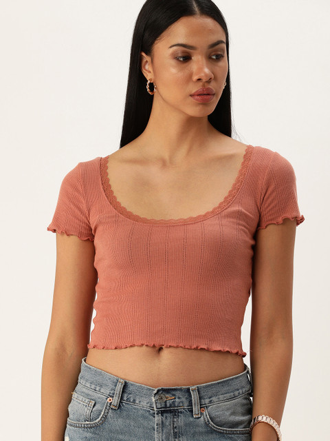 

FOREVER 21 Women Pink Self-Striped Knitted Cropped Top With Lettuce Edge Detail