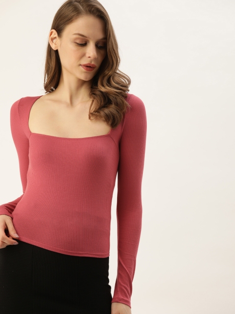 

FOREVER 21 Women Pink Solid Fitted Ribbed Top