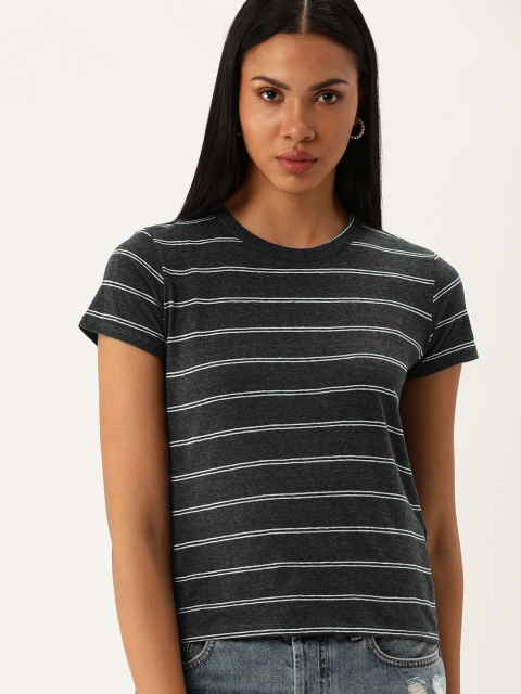 

FOREVER 21 Women Charcoal Grey & White Striped Round Neck T-shirt