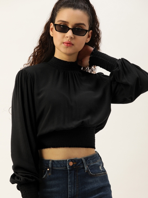 

FOREVER 21 Women Black Solid Cropped Cinched Waist Top