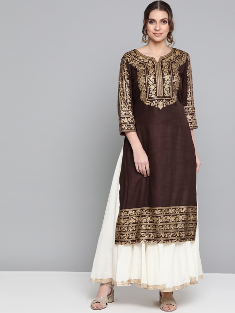 

HERE&NOW Women Coffee Brown & Golden Printed Straight Kurta