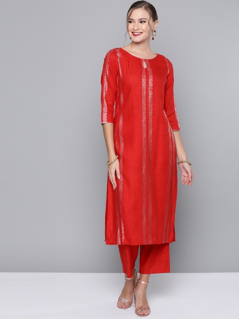 

HERE&NOW Women Red & Silver Striped Kurta with Trousers
