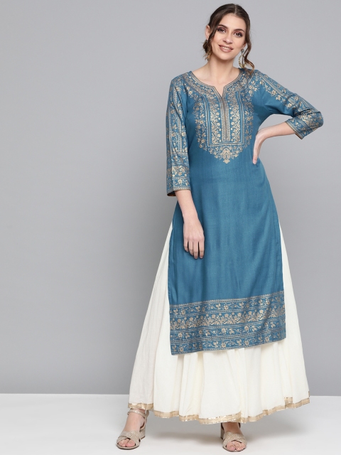 

HERE&NOW Women Blue & Golden Yoke Design Straight Kurta