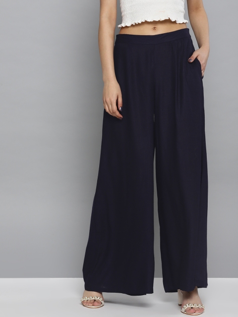

HERE&NOW Women Navy Blue Solid Wide Leg Palazzos