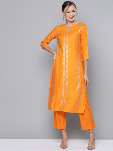

HERE&NOW Women Orange & Silver Striped Kurta with Trousers