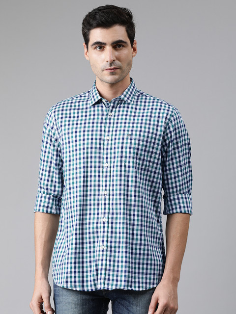 

Blackberrys Men White & Teal Green Slim Fit Checked Casual Shirt