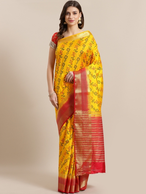 

Chhabra 555 Mustard Yellow & Red Printed Mysore Silk Saree