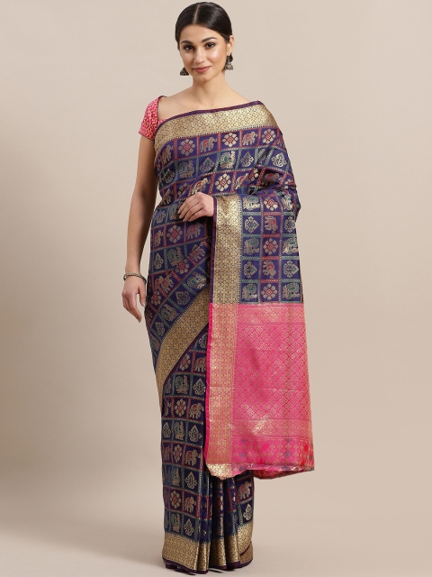 

Chhabra 555 Navy Blue & Golden Silk Blend Woven Design Banarasi Saree