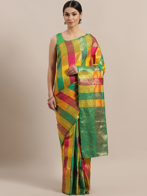 

Chhabra 555 Yellow & Green Checked Banarasi Saree