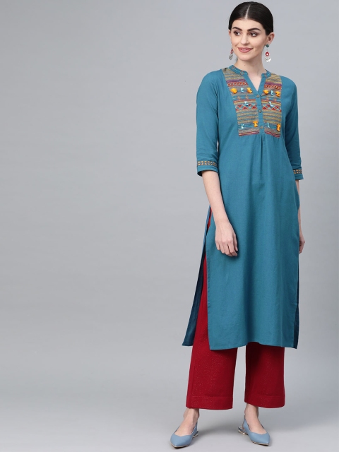 

Varanga Women Teal Blue Yoke Design Straight Kurta