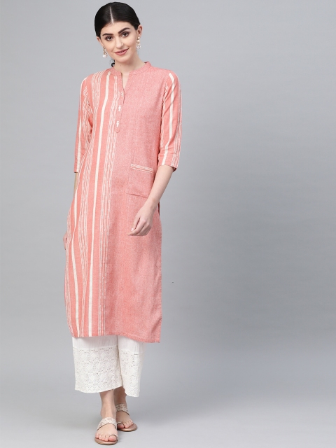 

Varanga Women Peach-Coloured & Off-White Handloom Striped Straight Kurta