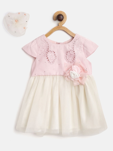 

Nauti Nati Girls Pink & Off-White Colourblocked A-Line Dress With Hair Clip