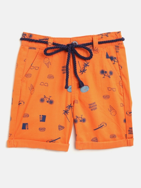

Nauti Nati Boys Orange & Navy Blue Printed Regular Fit Shorts with Belt