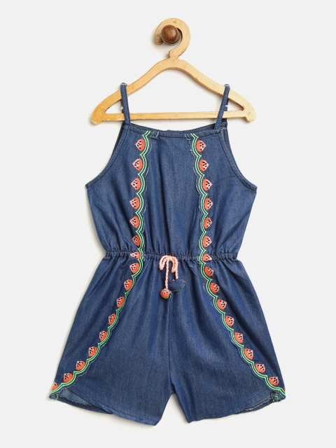 

Nauti Nati Girls Navy Blue Chambray Solid Playsuit with Embroidered Detail