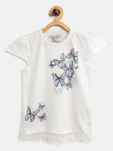 

Nauti Nati Girls White & Blue Butterfly Print Pure Cotton Top