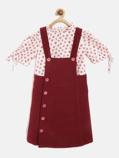 

Nauti Nati Girls Maroon & White Solid Corduroy Pinafore Dress with Top