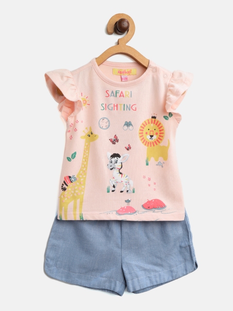 

Nauti Nati Girls Peach-Coloured & Blue Printed Top with Shorts