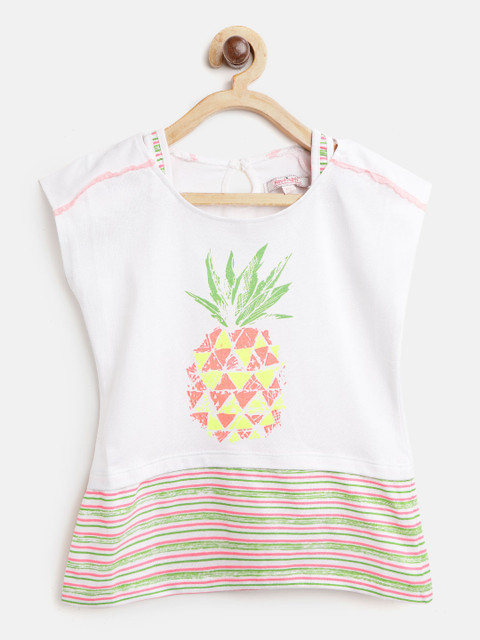 

Nauti Nati Girls White Printed Pure Cotton Top with Striped Detail