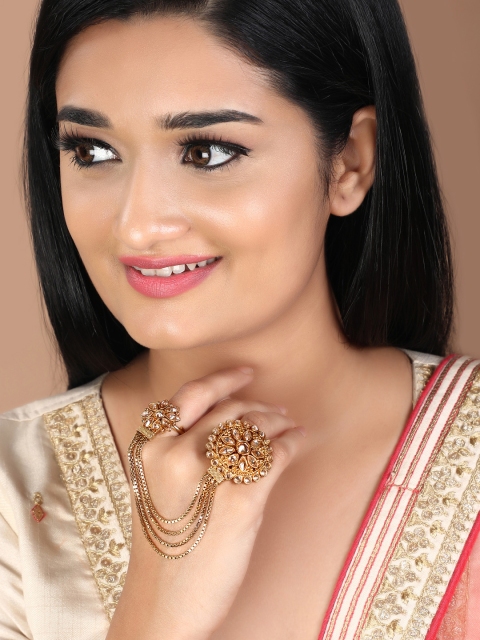

Rubans Gold-Plated & Beige Kundan Studded Dual Adjustable Finger Ring