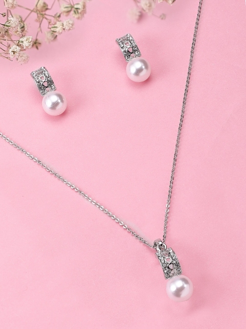 

Rubans Silver-Toned & White CZ-Studded Antique Pearl Pendant With Earrings