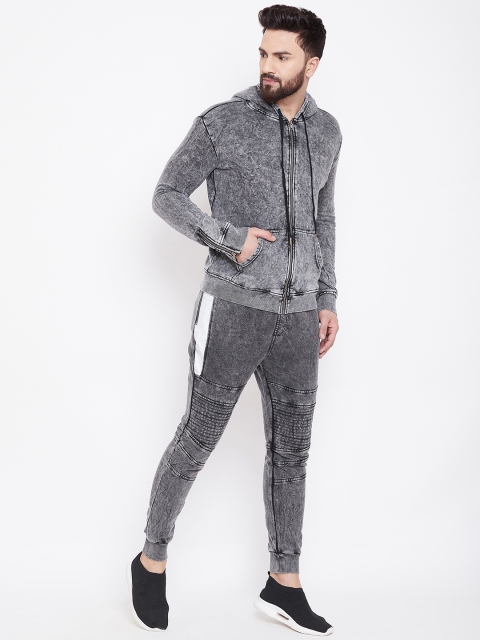

FUGAZEE Men Grey Solid Washed Slim Fit Tracksuit